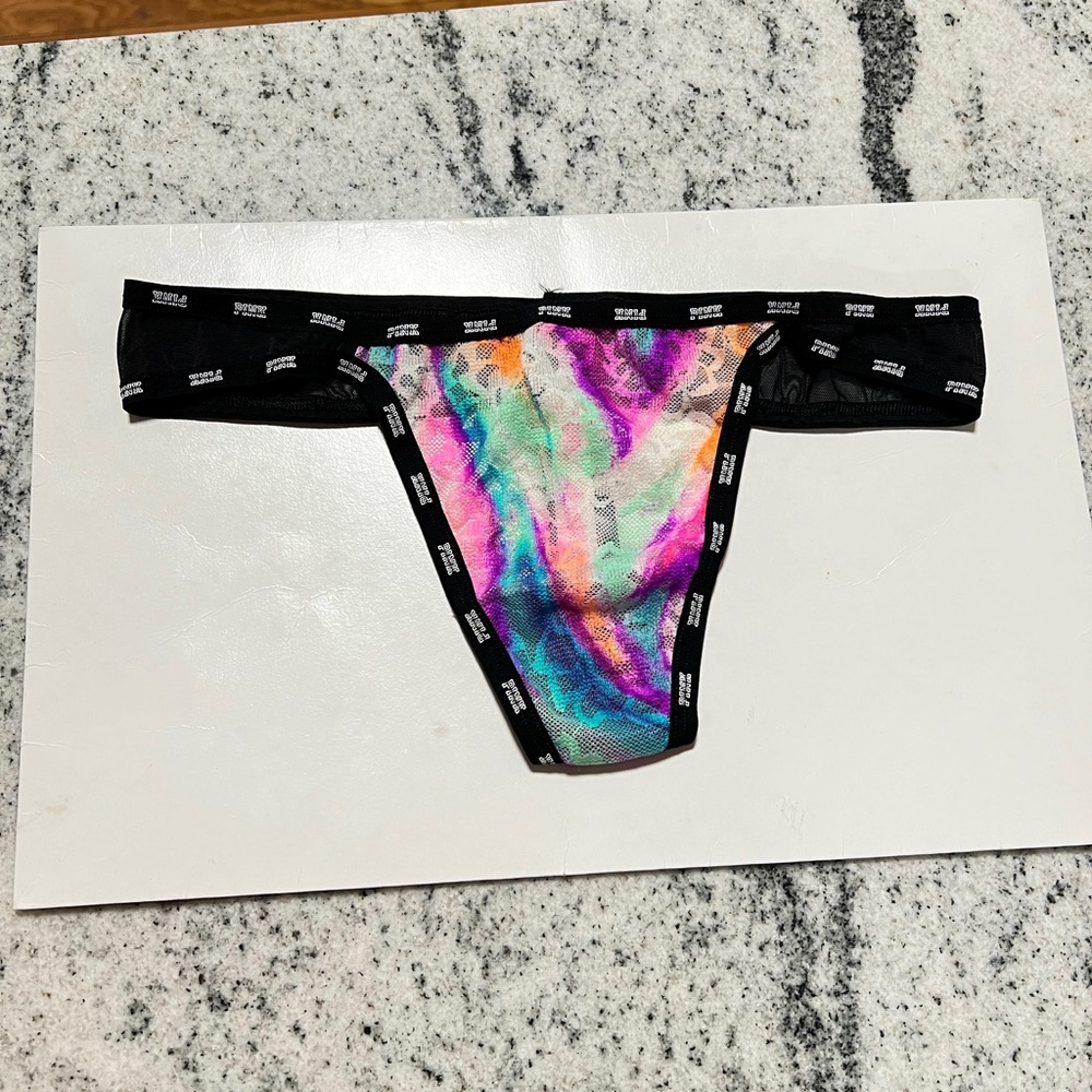 NWT Victoria’s Secret PINK Colorful Sheer Lace logo XLR Thong Panty VS LARGE L